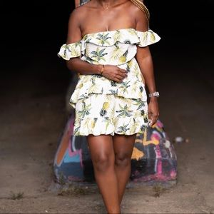 Boohoo Bardot Pineapple Dress White/Yellow/Green